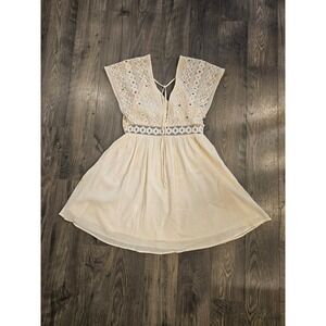 Women's szM Zara Dress Ivory Crochet Lace Embellished Mini‎ Dress Bohemian Boho